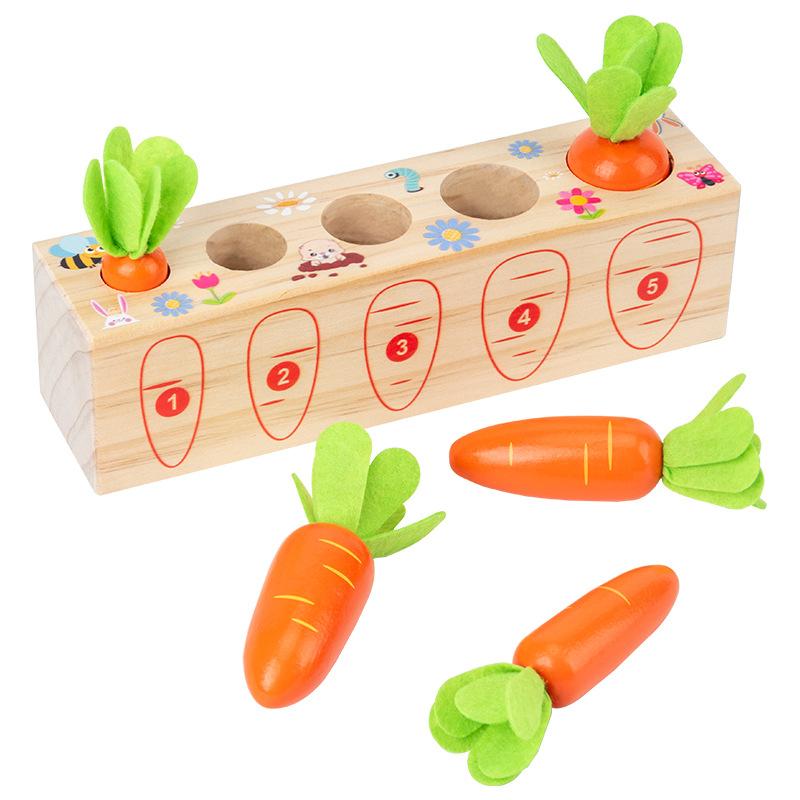Toys Educational Montessori Wooden for 1 2 3 Years Toddlers Size Sorting Counting Puzzle Carrot Harvest Game Toy Kids Boys Girls