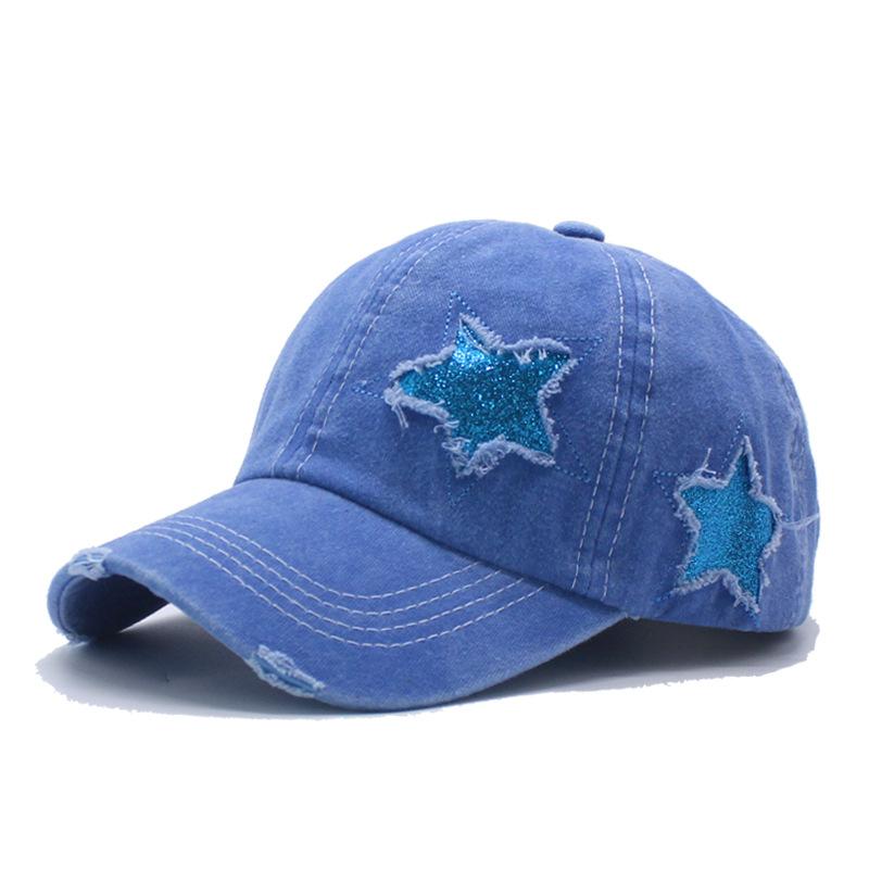 European and American Tide Pure Cotton Washed Ponytail Hole Five Pointed Star Baseball Cap Fashion Ponytail Hole Curved Brim Cap