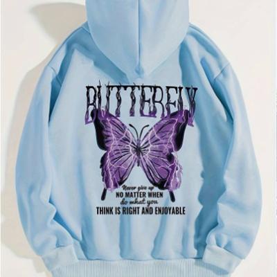 Blusa feminina com capuz solto e estampa de borboleta relâmpago, moletom casual de manga comprida, pulôver