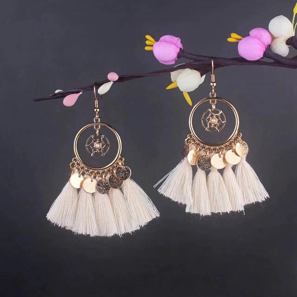 Bohemian Turquoise Owl Dream Catcher Tassel Earrings for Women