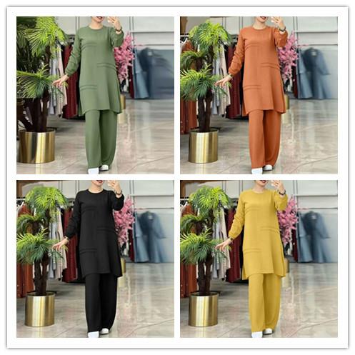 Damen Zweiteiliges Outfit Set Langarmbluse High Waist Weite Hosen Elegantes Lässiges Unifarbenes Lounge-Anzug für Frauen aus dem Nahen Osten
