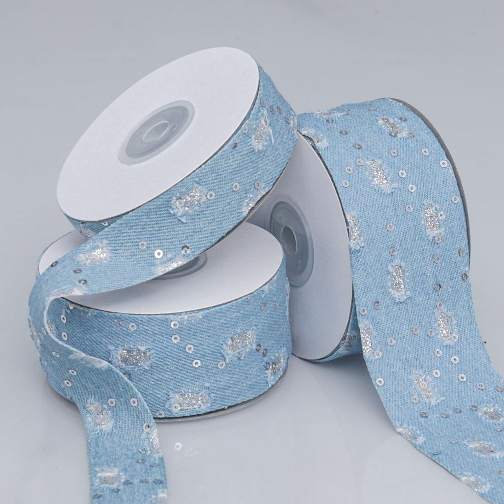 Handgemachtes dekoratives romantisches und gemütliches Denim-Band mit gebrochenen Pailletten, handgefertigt, DIY-Blumen-Geschenkbox, Schleife, Haar-Accessoires, Paket, Ankleideband
