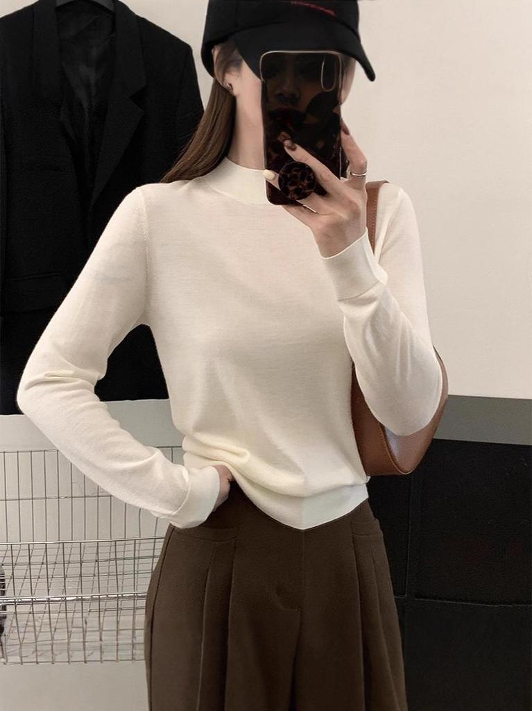 Women's Seamless Wool Half-High Neck Pullover - Slim-Fit Autumn/Winter Knit Sweater