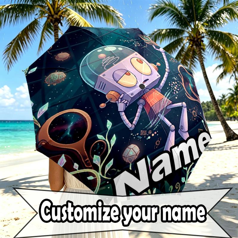 Custom Name Personalized Cosmic Bot Crew Print Umbrella, Auto Open Close, 8‑Rib Sturdy Frame, Commute Camping Hiking Use, Birthday Gift