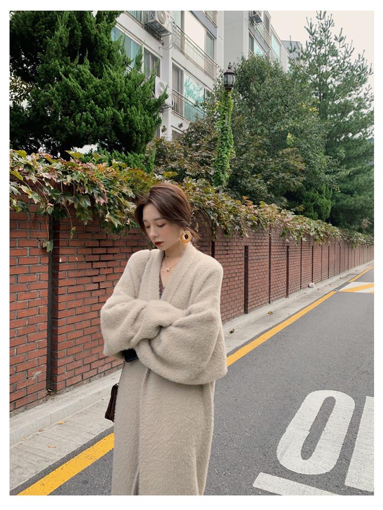 Autumn Women's Loose Long Sleeve Knit Cardigan Overcoat Lazy Style Faux Fur Knit Sweater for Women