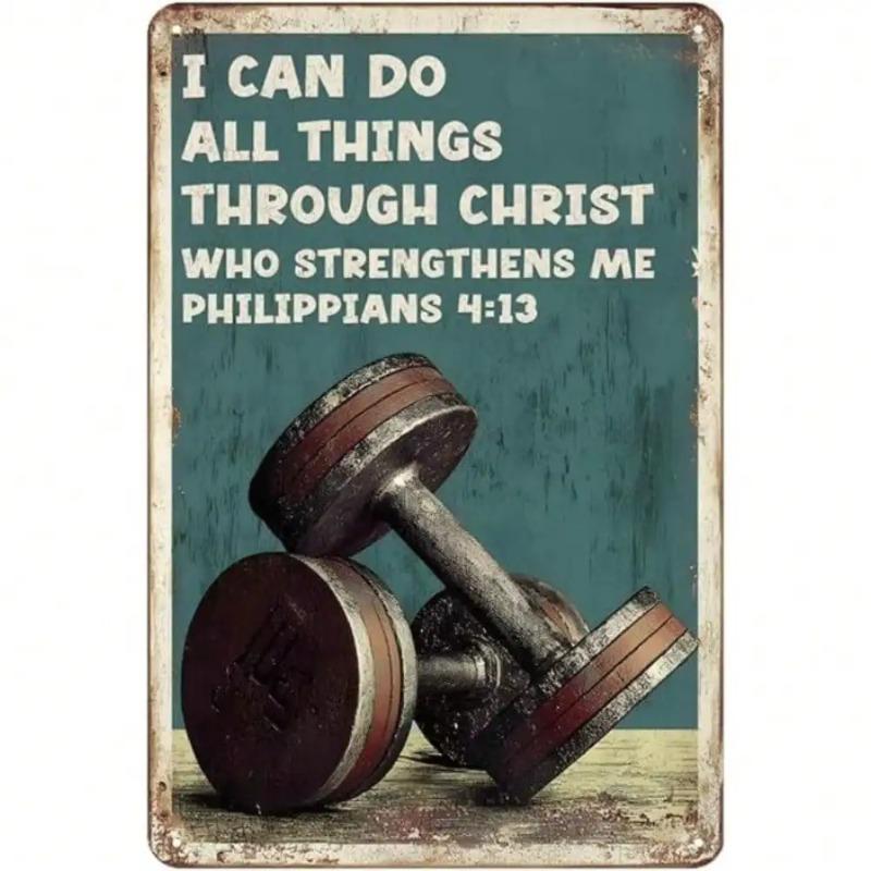 Vintage Religious Fitness Metal Wall Art Philippians 4 13 Dumbbell Decor Home Gym Christian Gift
