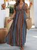 Damen Langkleid mit V-Ausschnitt und Falten in Übergröße - Mode mit Print im europäischen & amerikanischen Stil für den Urlaub