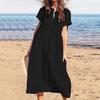 Damen Maxikleid aus Baumwolle und Leinen, lässig, kurzärmelig, V-Ausschnitt, Sommerkleid, lockeres, plissiertes langes Strandkleid für den Sommerurlaub