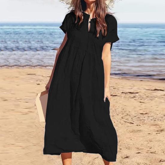 Damen Maxikleid aus Baumwolle und Leinen, lässig, kurzärmelig, V-Ausschnitt, Sommerkleid, lockeres, plissiertes langes Strandkleid für den Sommerurlaub