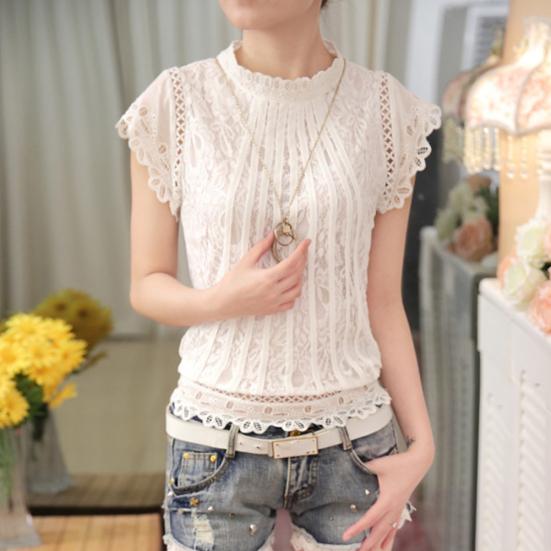Plus Size Women Fashion Lace Crochet Short Sleeve Round Neck Blouse Shirt Top