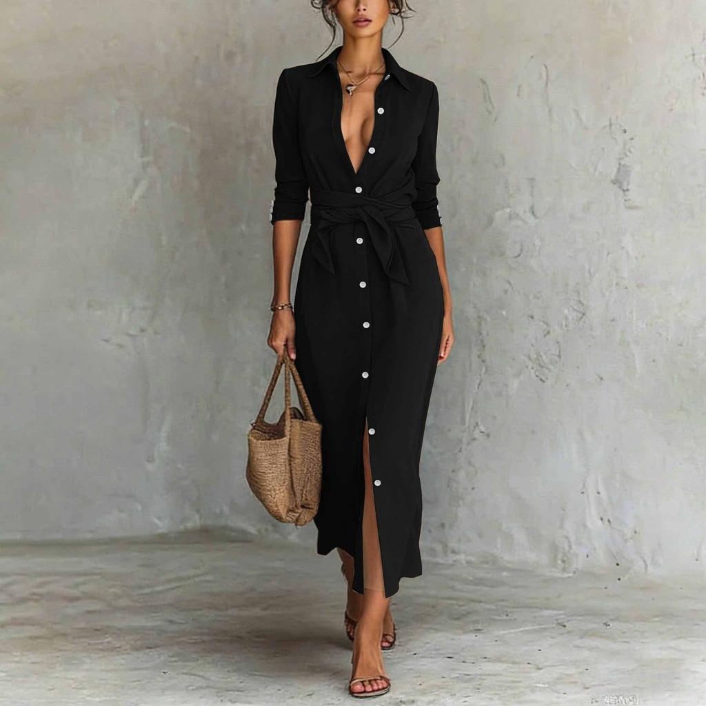 Women's Long-sleeved Elegant Casual Tie-waist Button-down Shirt Dress
