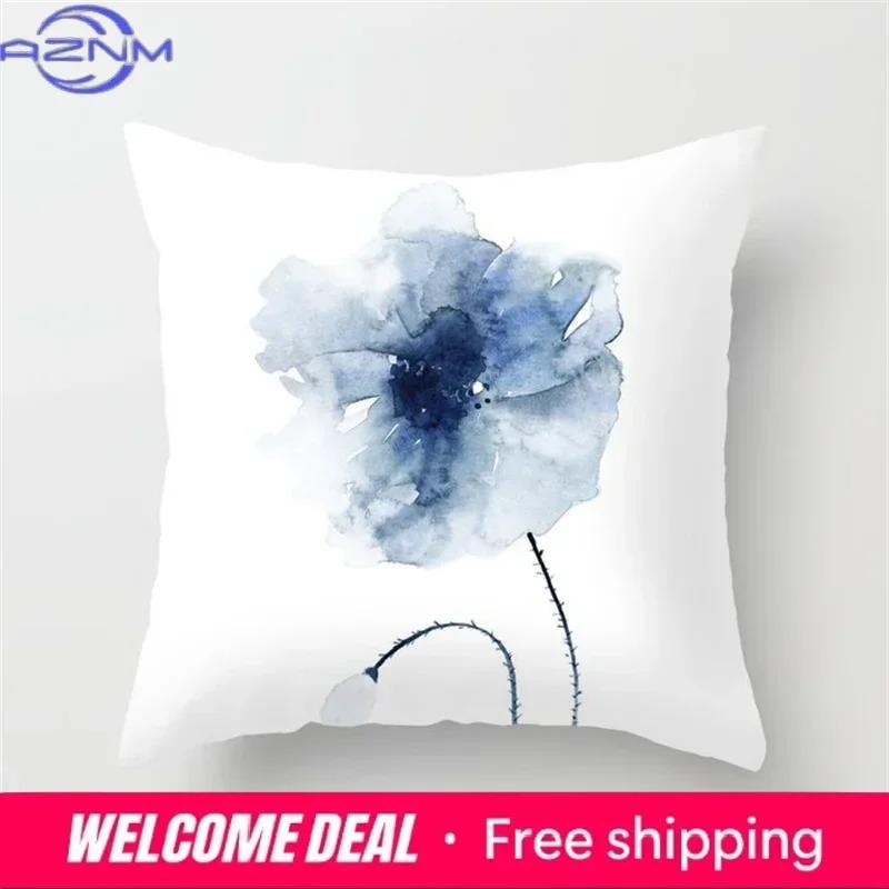 45X45Cm Blue Ink Flower Pillowcase Sofa Living Room Home Decoration Abstract Geometric Polyester Cushion Cover Bedroom Decor