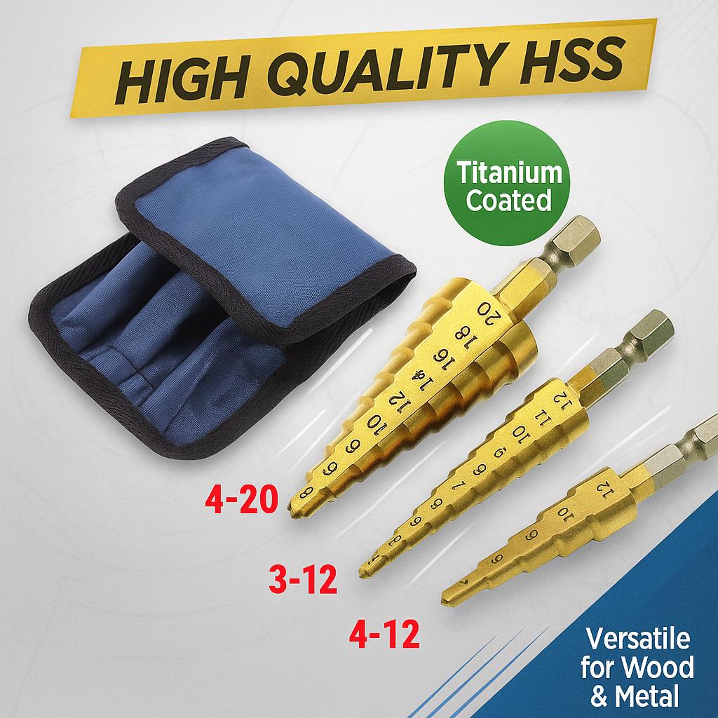 Latest 3Pcs 3-12mm 4-12mm 4-20mm High Quality HSS Straight Groove Step Drill Bit Titanium Coated Wood Metal Hole Cutter Core Cone Drilling Tools Set