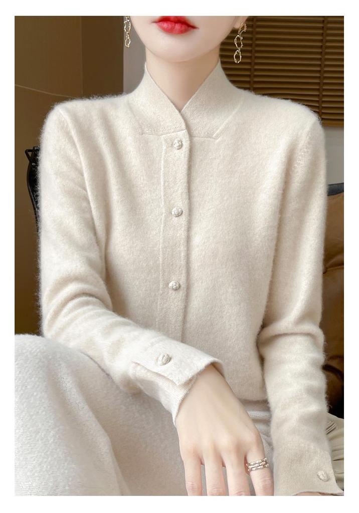 2024 Women's Stand Collar Wool Knit Qipao Cardigan - Casual Versatile Solid Color Sweater for Autumn/Winter