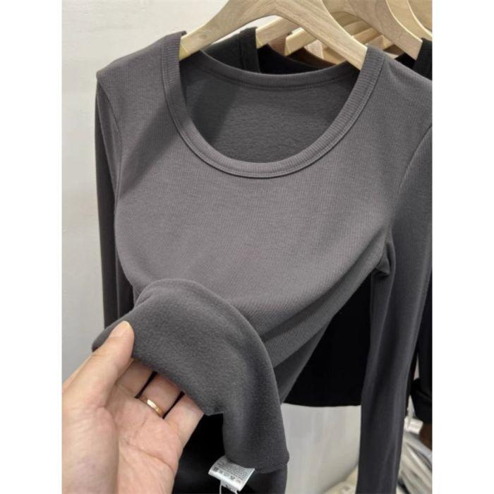German velvet long-sleeved t-shirt for women's autumn slim-fitting and thin versatile thin velvet warm simple inner bottoming shirt top