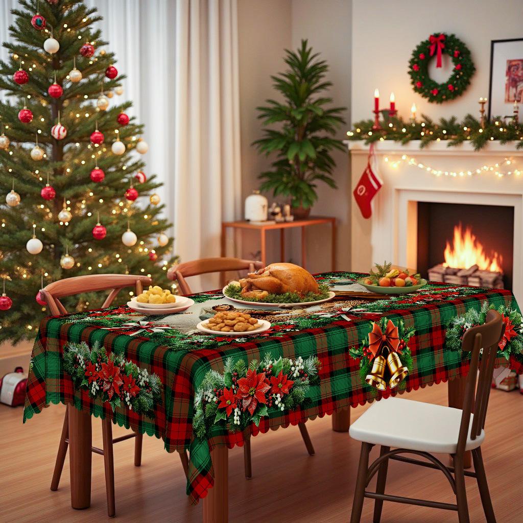Vintage Oil Painting Christmas Round Tablecloth, Religious Figure Christmas Elements Red And Green Plaid, Rectangular Dining Table Cloth