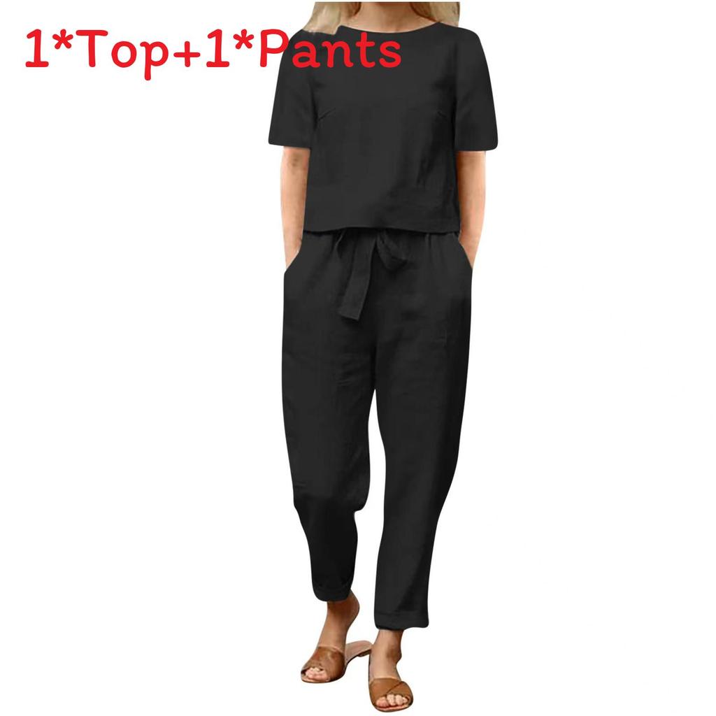 Summer Women Casual Linen Cotton Set With Short Sleeve Oneck Top And Wide Leg Pants For Comfortable Office Wear