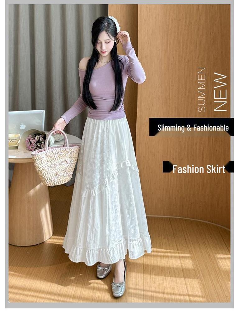 Women's White Lace Ruffled Midi A-line Cake Skirt - 2026 Spring/Summer