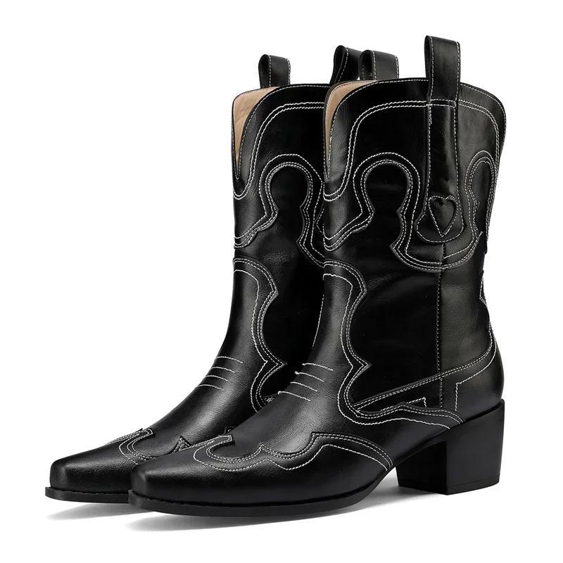 

Западные ковбойские ботильоны для женщин красные черные качественная ПУ аккуратный пошив острый носок высокий блочный каблук вышивка ковбойки короткие ботинки 43 чёрный