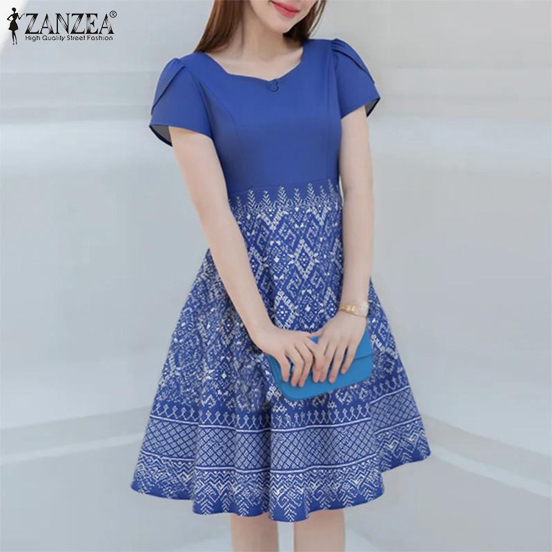 

ZANZEA Women Casual Square Neck Summer Short Sleeve Print Dress S синій