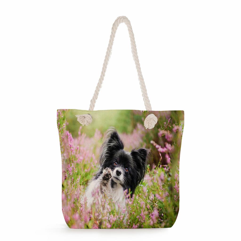 Multifunctional Dog Printed Thick Rope Shoulder Beach Bag Casual Large Capacity Handbag 7620
