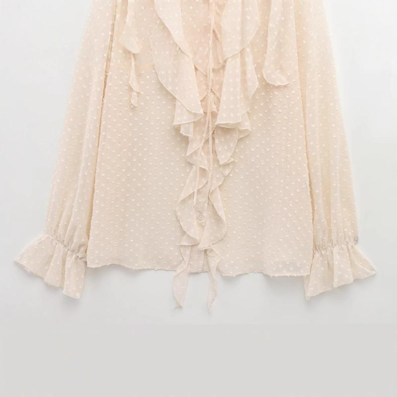 Womens French Chic Long Sleeve Blouse With Layered Tulle Detail Button-Front Shirt Street Style