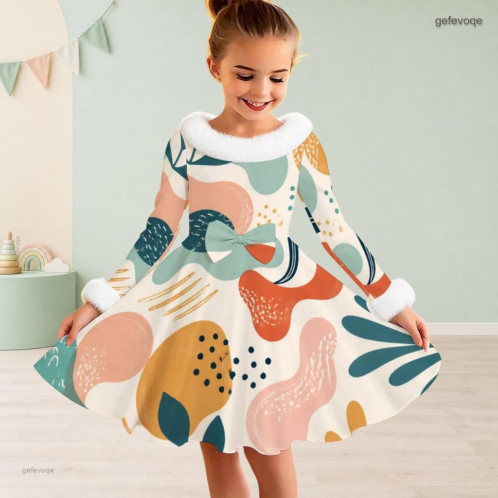 Girls Furry Trim High Neck Long Sleeve Printed Tie Waist A Line Flared Dress