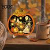 Ghost Skeleton Window Display Halloween Wooden Pumpkin Sign, LED Light Up Hanging Rustic Pendant Wall Sign for Indoor Outdoor Holiday Party Decor
