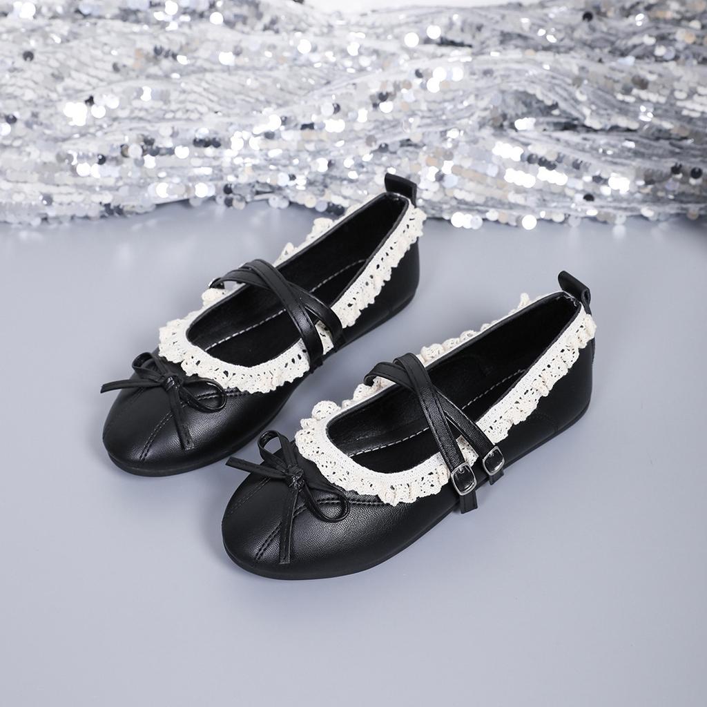 Girls Mary Jane Flats Double Buckle Straps Lace Trim Ballet Shoes Soft Sole Casual Slip On Footwear for Kids