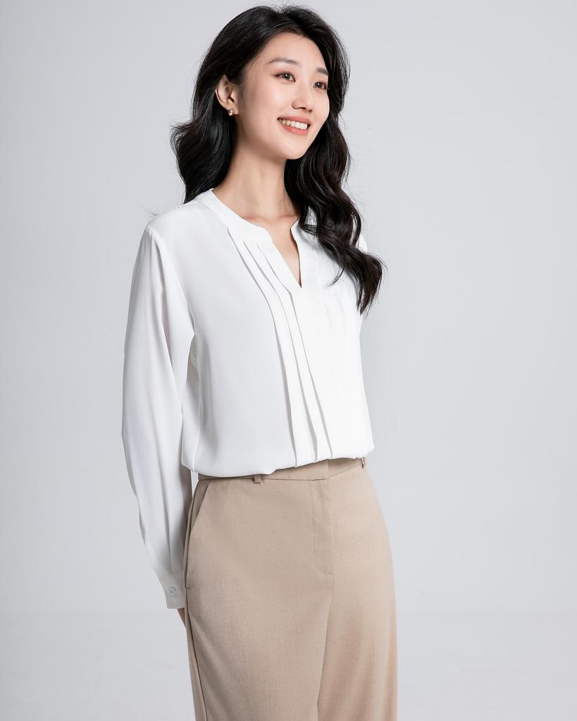 SPRING SEAON Long Sleeve Chiffon Blouse with Tucked Loose Plus Sizes Suitable for Size 3L Women's V-Neck Detail, Fit, Available, Suits, Office,