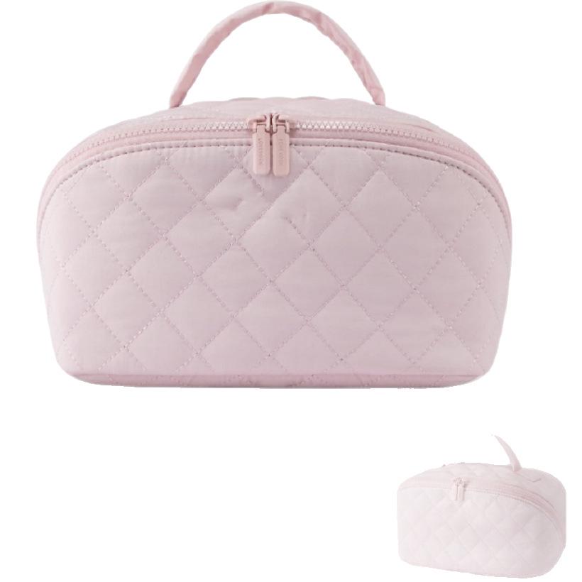 Women's Large Quilted Polyester Makeup Bag - Portable Accordion Design for Travel Toiletries Storage
