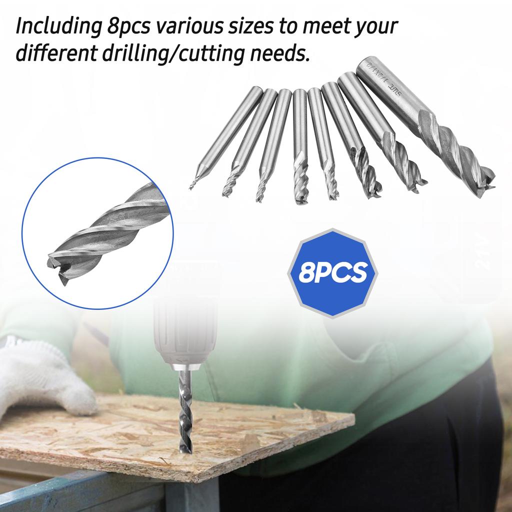 8pcs Solid Milling End Cutter Drill Bits 1 16 1 2 4 Flute High Speed Steel End Mill Set HSS Slot Tool Set HSS CNC