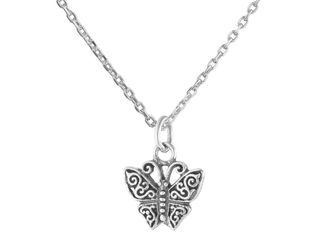 Krótki Srebrny Oksydowany Damski Naszyjnik Mały Motylek Motyl Choker 40 Cm