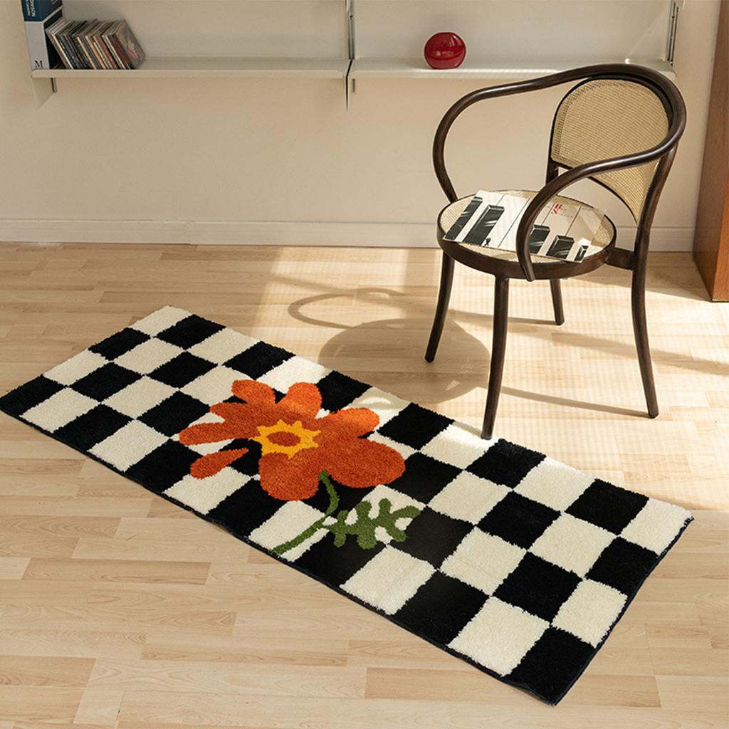 Runner Rug Black White Plaid Pattern Vintage Style Water Absorbent Stain Resistant Runner Carpet