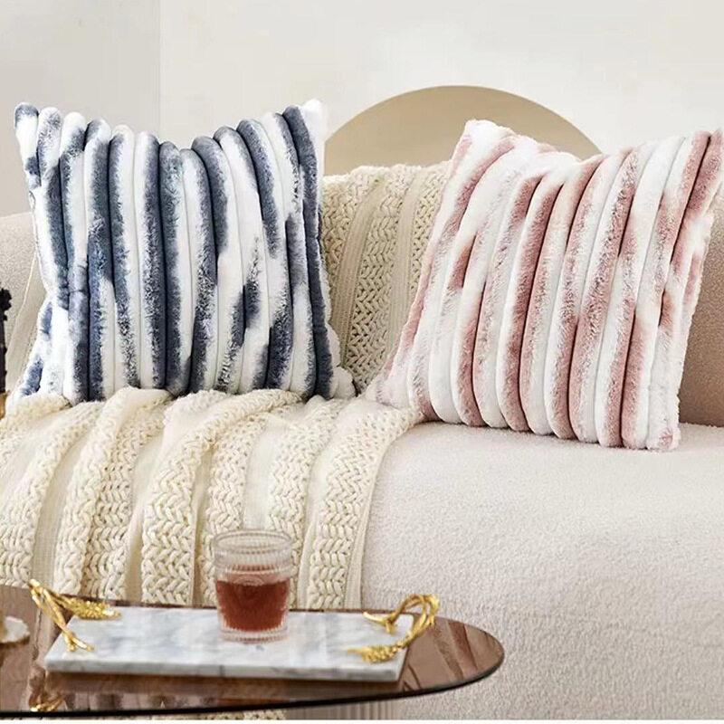 1pc Double-Sided Faux Fur Plush Cushion Cover for Sofa Fuzzy Striped Soft Throw Decorative Pillow Covers for Couch or Bedroom