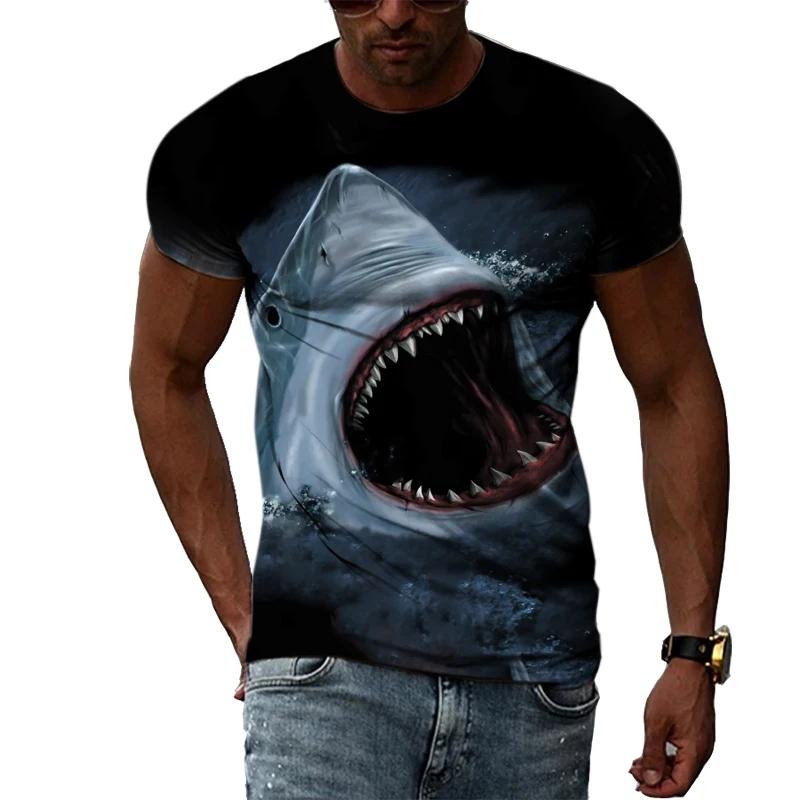 Hot New Men's T-Shirt with Large White Shark Print, Vintage Summer Casual Fashion, Crew Neck Short Sleeve Top