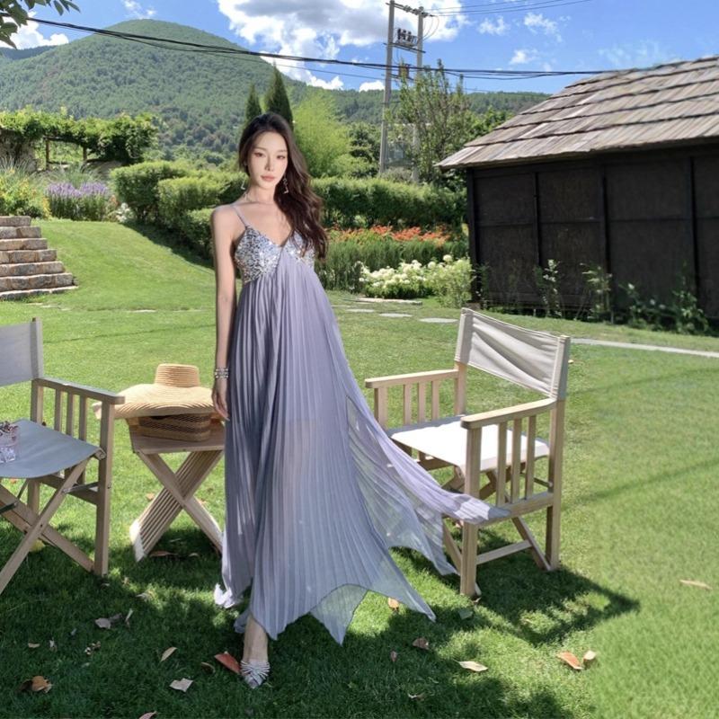 Suspender Dress Female High-end Socialite Heavy Industry Pleated Collar Dress Sexy Backless Waist Word Long Dress