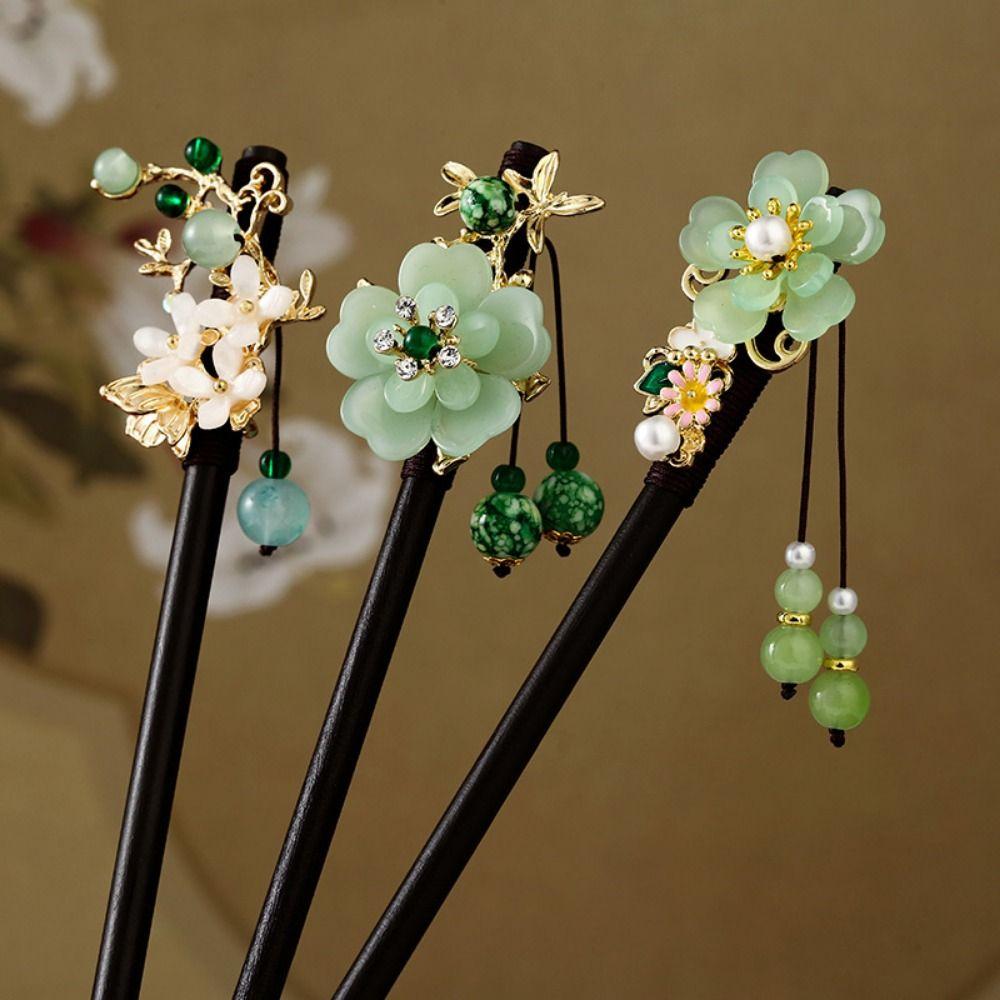Decorative Chinese Style Flower Hair Sticks Handmade with Tassel Hair Chopsticks Retro Hair Fork Wooden Hairpin for Hanfu