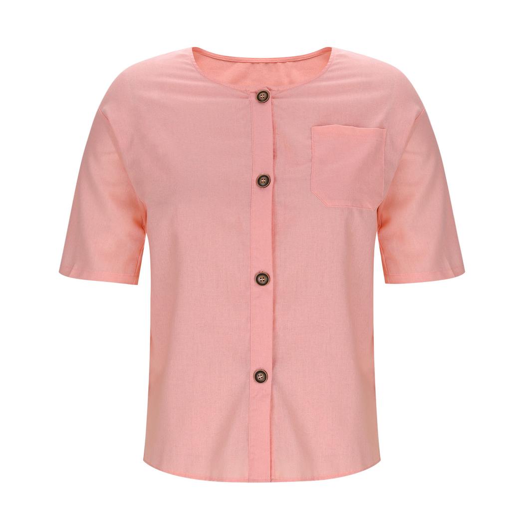 Summer Loose T-shirt Women's V-neck Cotton and Linen Button Top