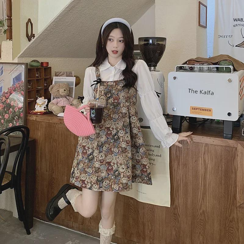 Women's Bowknot Long Sleeve Shirt & Bear Overalls Two-Piece Dress Set