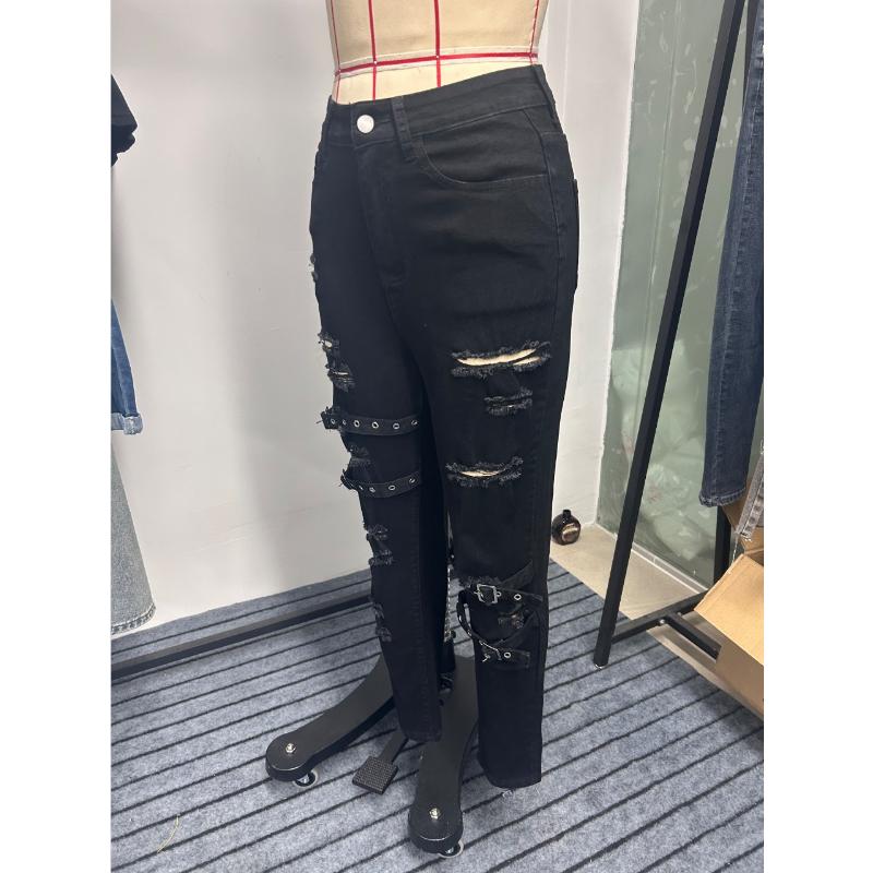 2026 New Women's Ripped Skinny Jeans, Belted Distressed Stretch Pencil Pants with Edgy Design for Casual Street Style