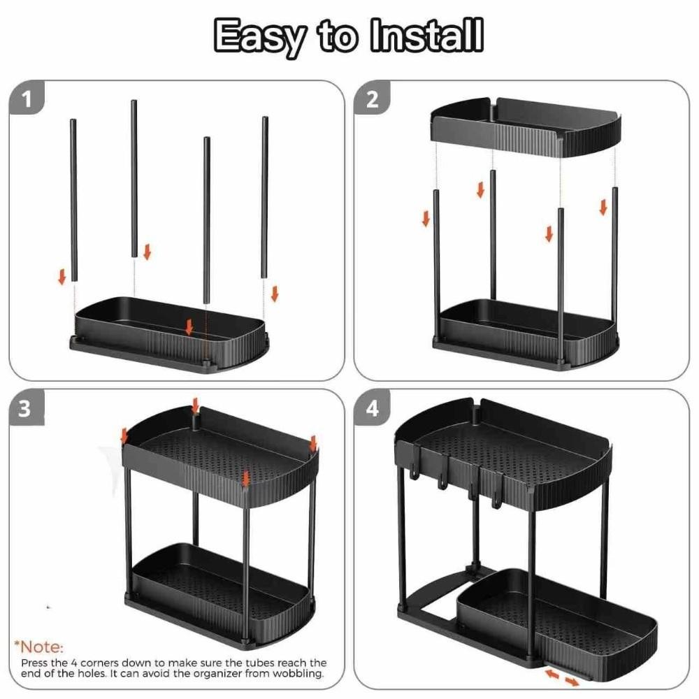 Versatile 2 Tier Under Sink Organizer Pull Out Stable Storage Rack Multi-Purpose Sliding Out Drawers for Bathroom Kitchen