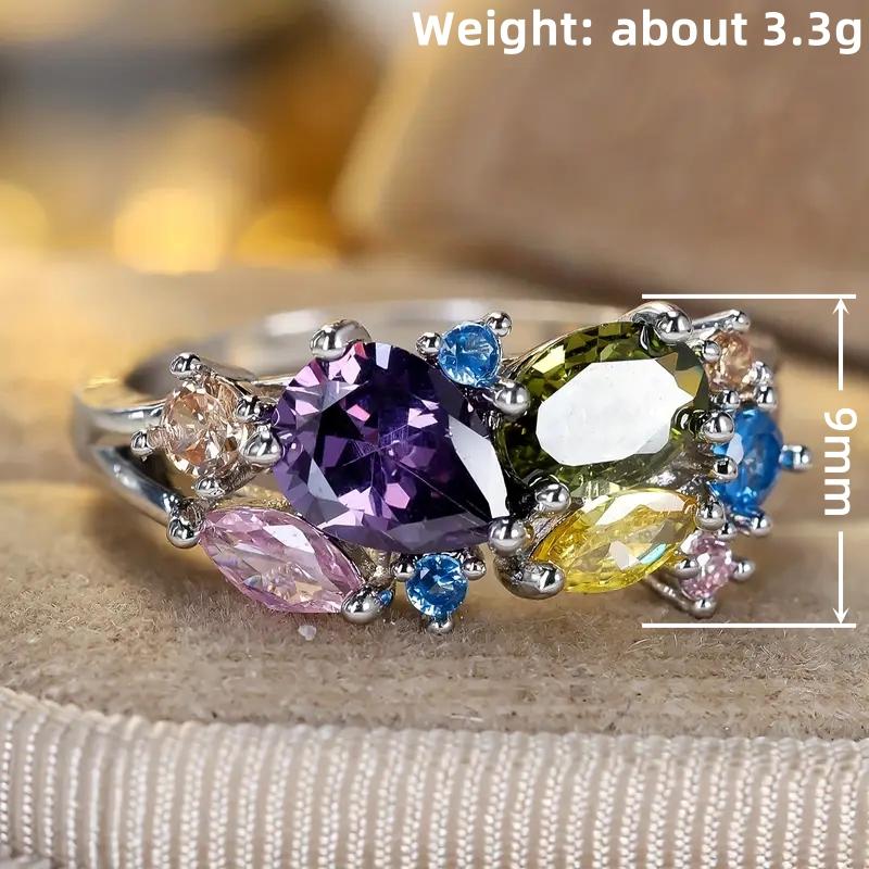Sweet Silver Color Rings With Multicolored Cubic Zirconia For Women Wedding Party Engagement Fancy Accessories Jewelry