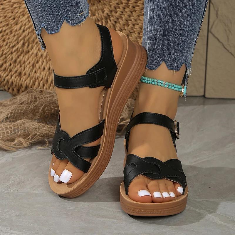 Fashion Women's Sandals Fashion Cross Strap Open Toe Sandals Women Shoes New Buckle Med Heel Wedge Sandals Female Summer Non-Slip Shoes