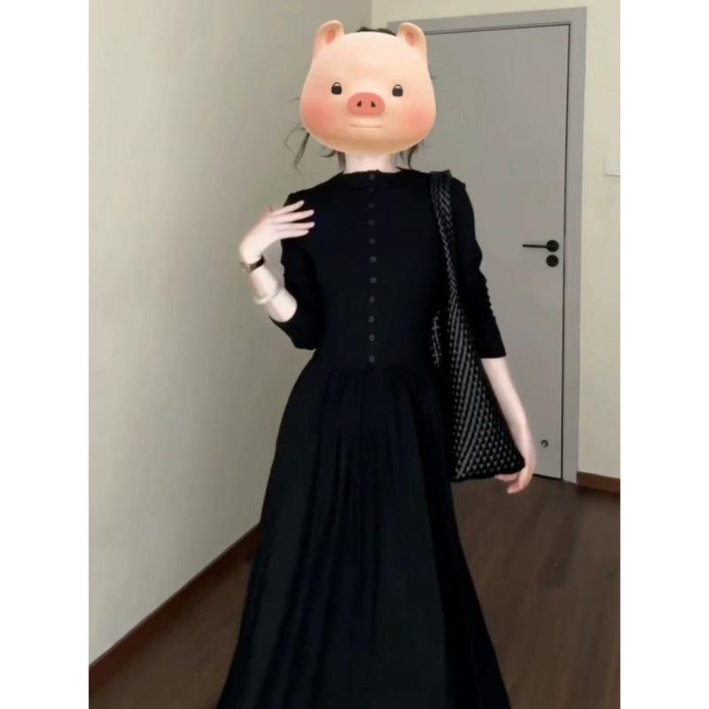 Premium Black Long-sleeved Dress, Children's Early Autumn New Waist and Bottom Dress