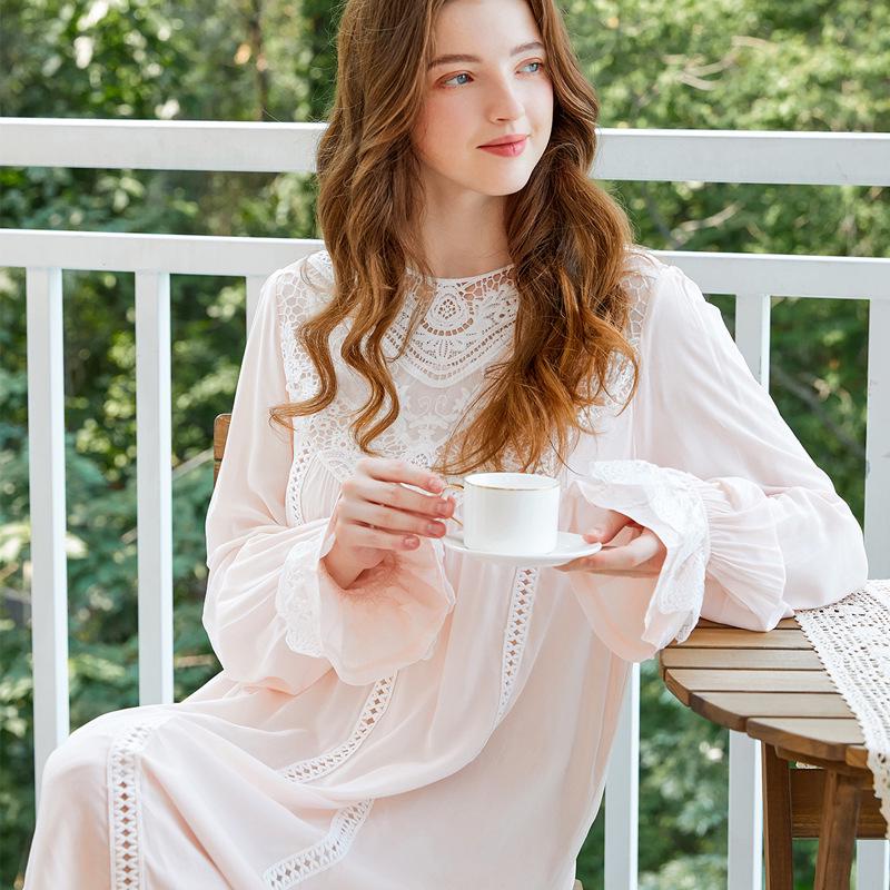 European Princess Cotton Lace Plus Size Retro Long Sleeve Nightgown - Soft Double Layer Homewear