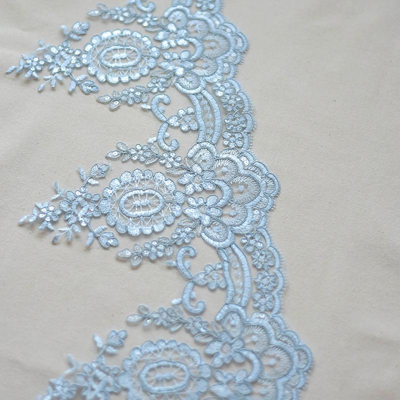 

Car Bone Sequined Lace Accessories Fabric European Export Polyester Lace Wedding Dress Special Curtain Bed Art light blue one yard price