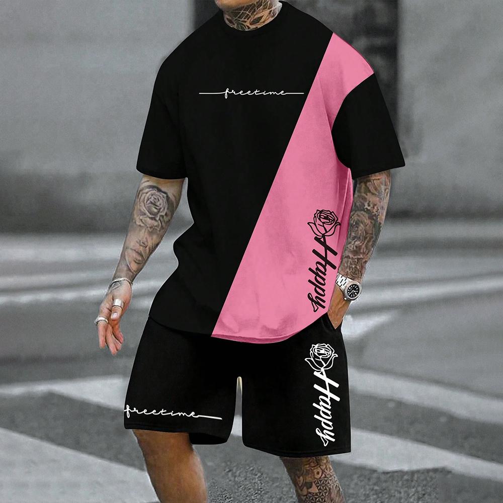 Vyriškas vasarinis 3D raidžių ir gėlių rašto marškinėlių ir šortų su raišteliu rinkinys, sportinė apranga