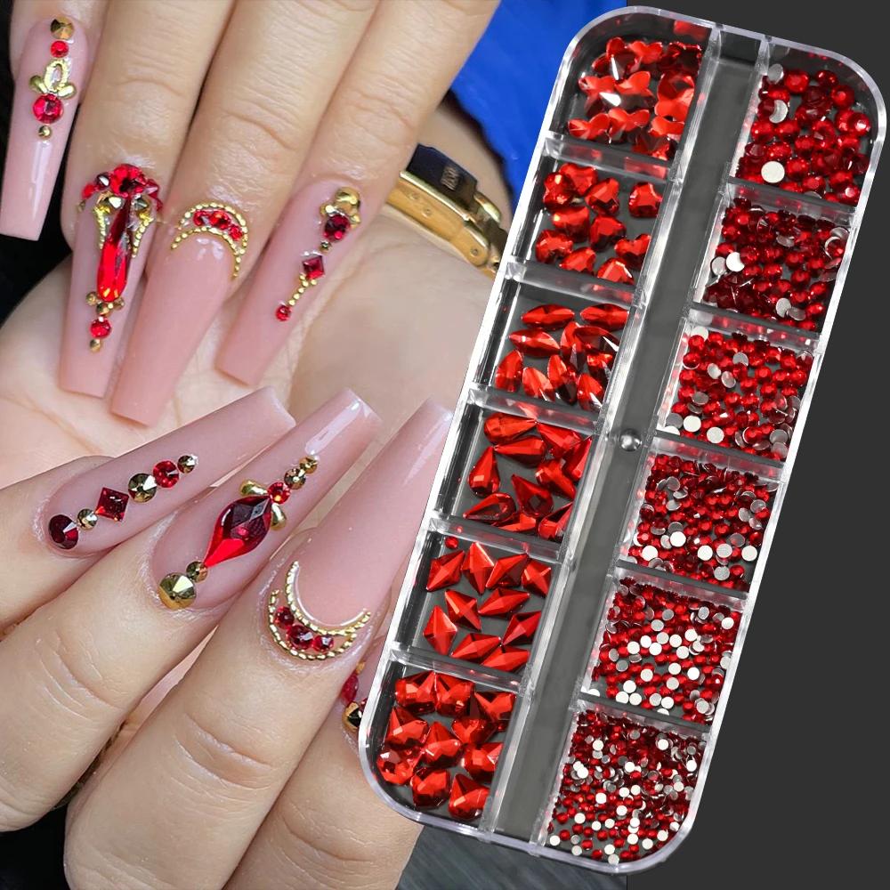 12Grids Pink Mixed Nail Rhinestones Luxury Nail Charms Glitter Crystal Jewelry Gems Nail Art Decoration DIY Manicure Rhinestones