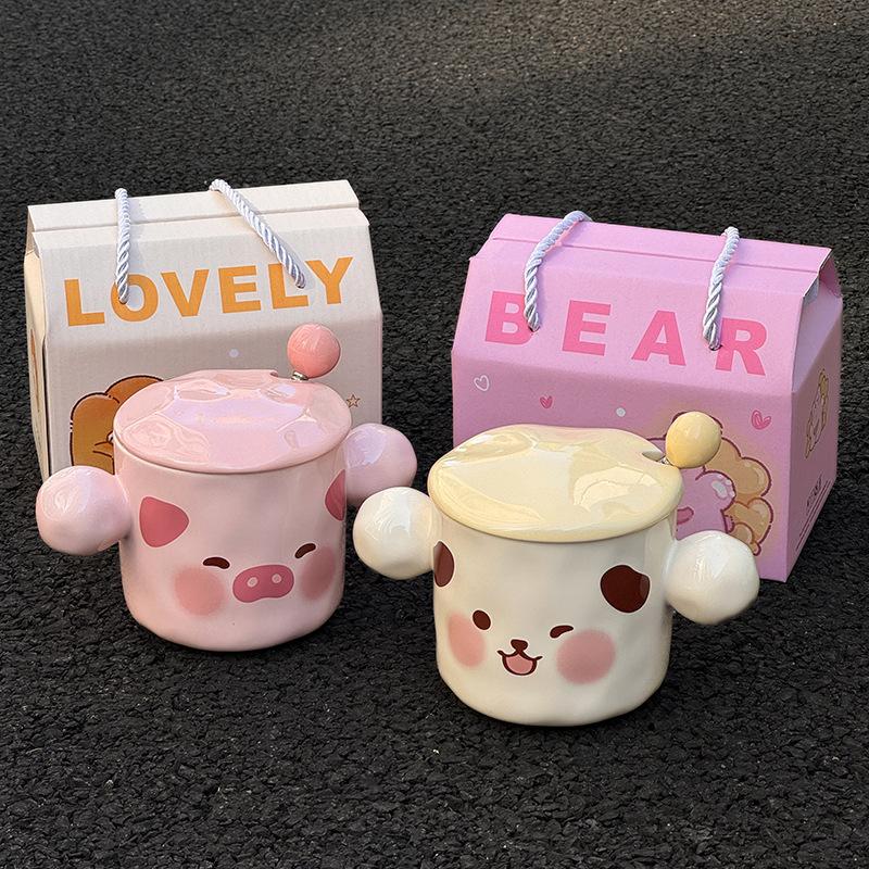 Milk fufu puppy ceramic mug with lid, birthday gift for girls, practical gift for girlfriends, cup souvenir gift box